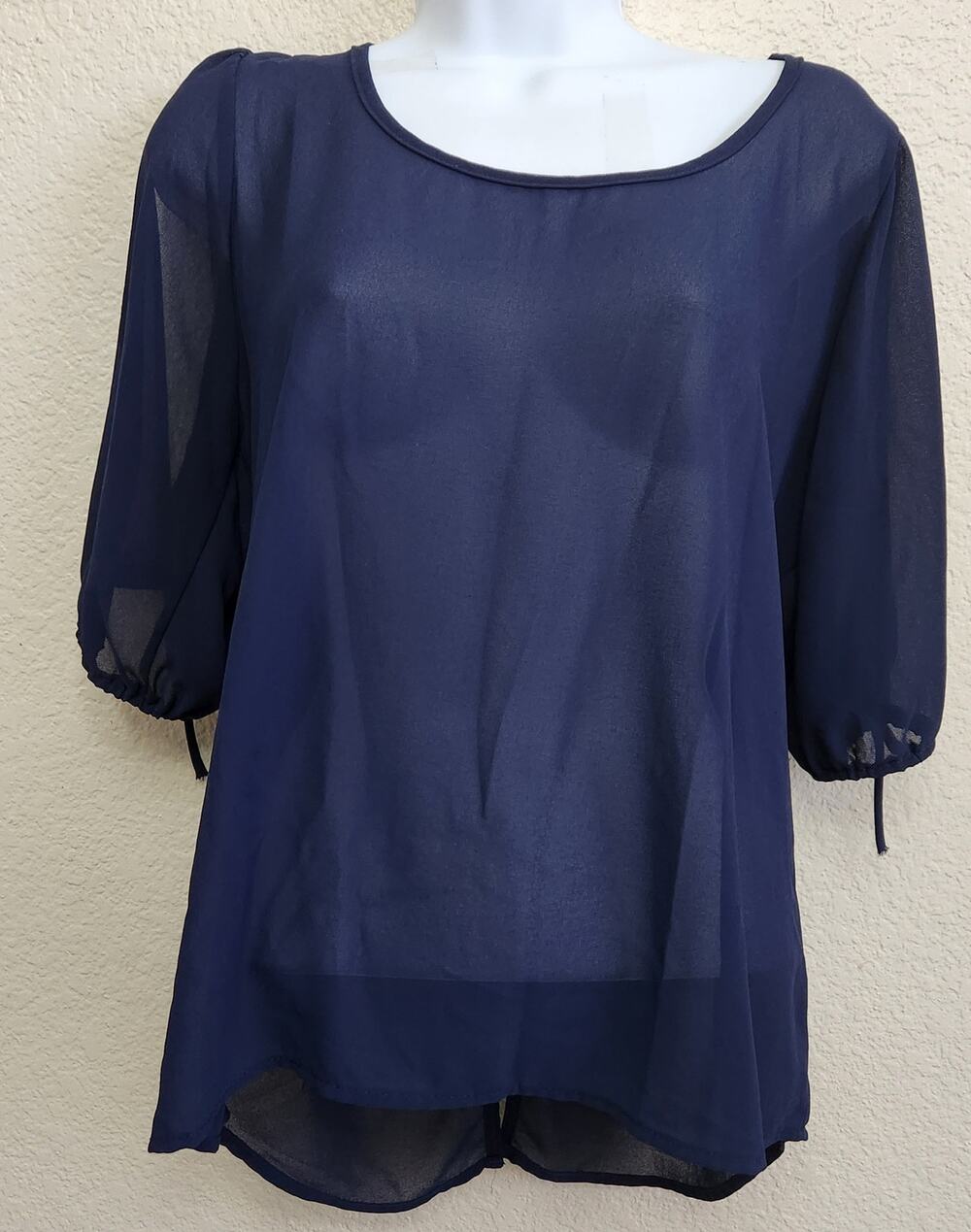Belinda Blue Sheer Cold Shoulder Back Button Up Top Large Lightweight Flowy Soft
